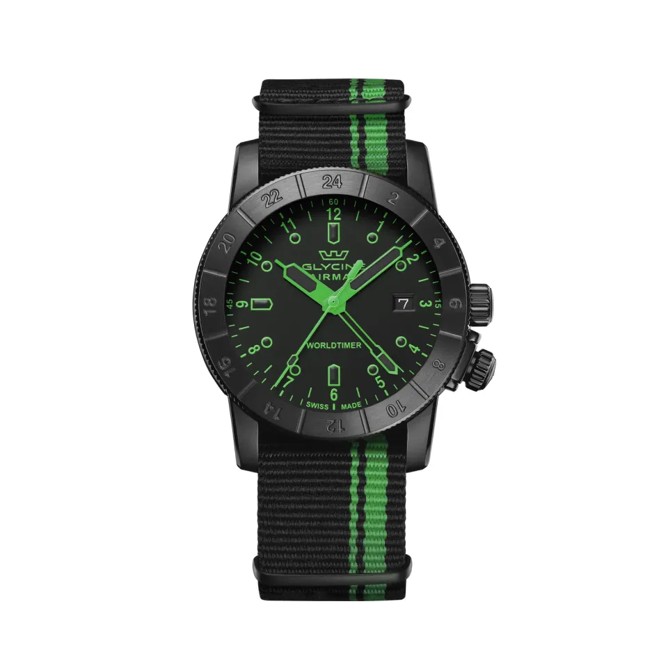 Glycine Airman Worldtimer GL1032 Herrenuhr 42mm GMT grün