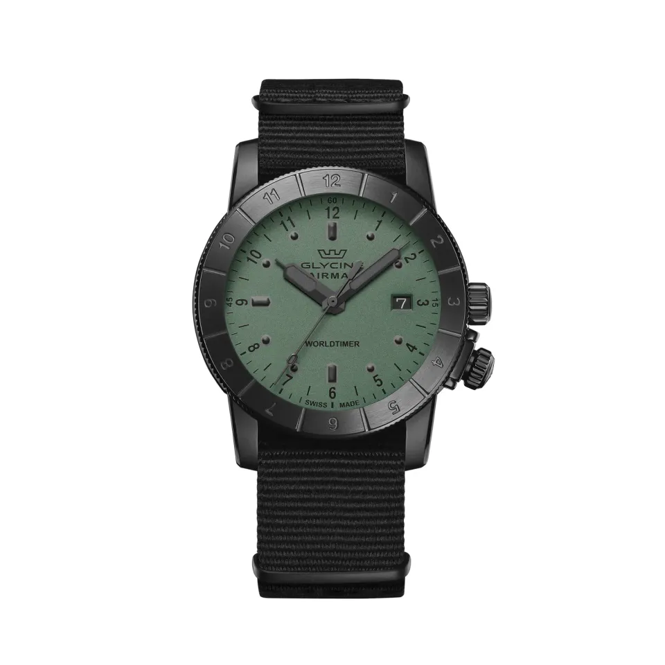 Glycine Airman Worldtimer GL1033 Quarzuhr grün 42mm