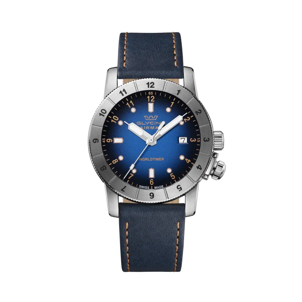 Glycine Airman Worldtimer GL1022 Quarzuhr blau 42mm