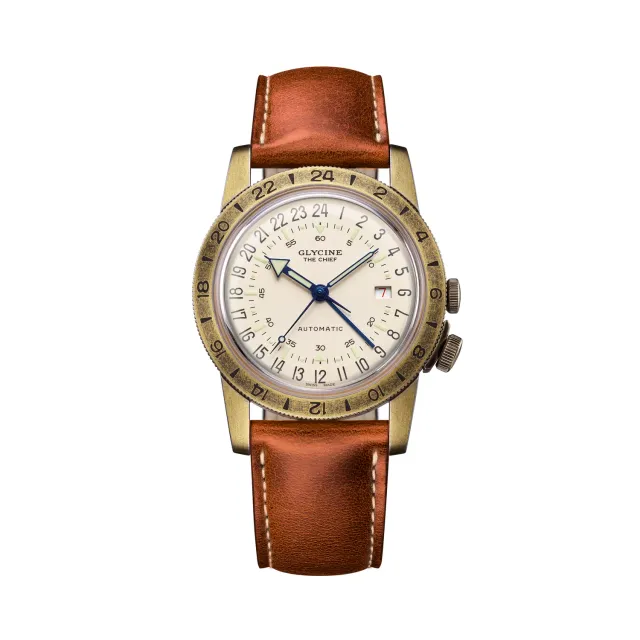 Glycine Airman Vintage The Chief GMT GL0304 Uhr, Champagner, Leder