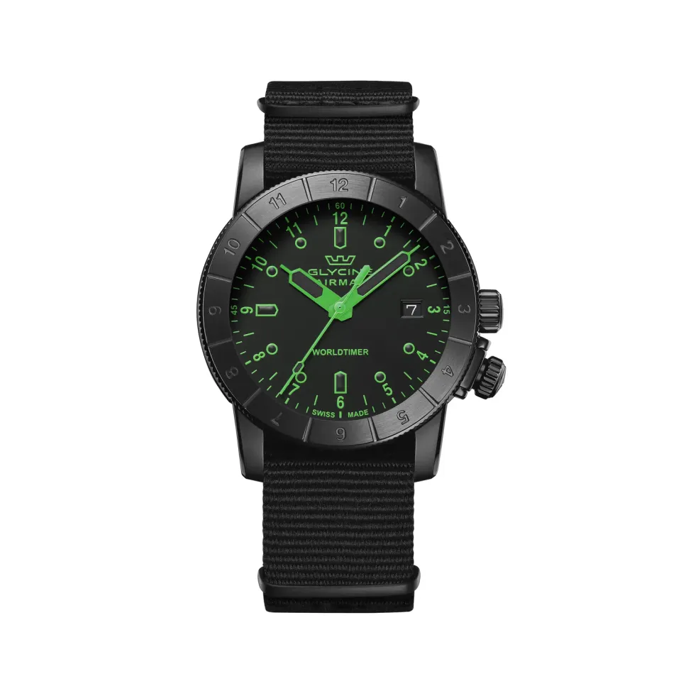 Glycine Airman Worldtimer GL1040 Herrenuhr Quarz 42mm schwarz
