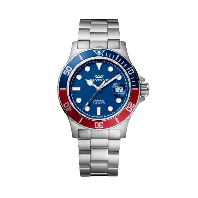 Glycine Combat Sub Sport GL1016 Quarzuhr 42mm Blau-Rot