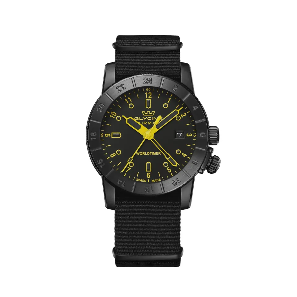 Glycine Airman Worldtimer GL1029 Herrenuhr 42mm GMT schwarz