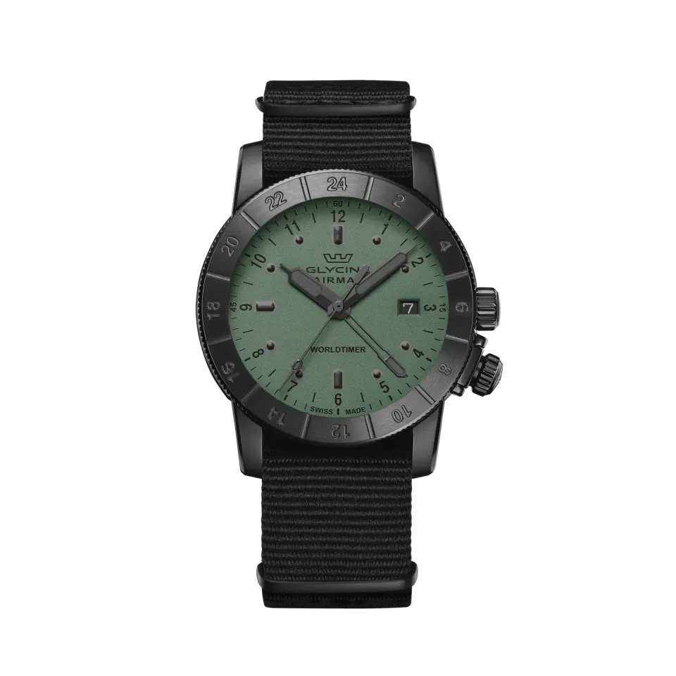 Glycine Airman Worldtimer GL1024 Fliegeruhr grün 42mm