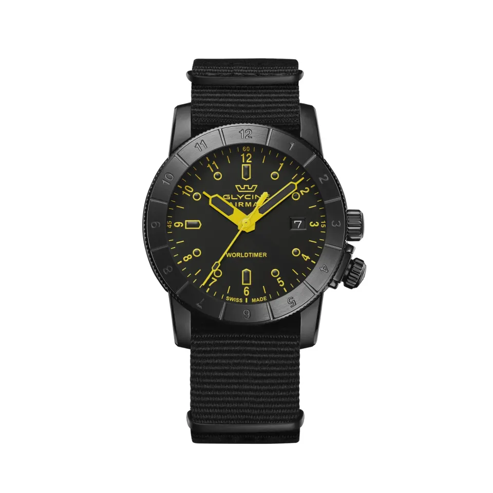 Glycine Airman Worldtimer GL1038 42 mm Quarzuhr schwarz